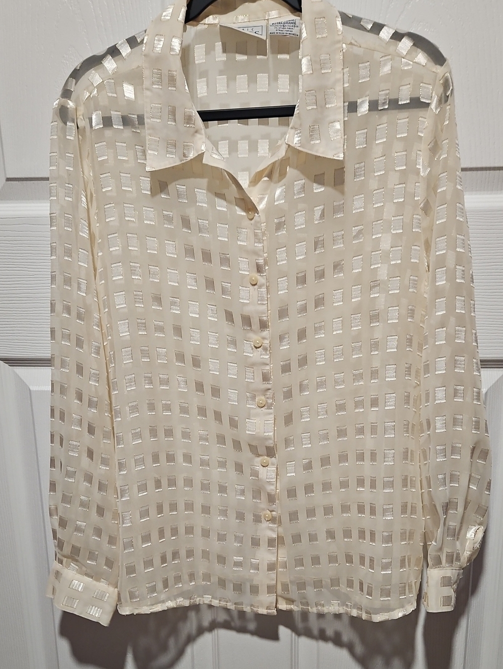 Vintage Basic Editions Ivory Sheer Square-Jacquard Button-Down Shirt
